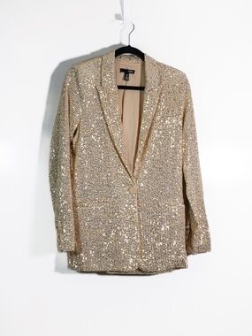 NEW Aqua Allover Sequin Sparkle Embellished Suit Jacket Blazer Champagne Gold S